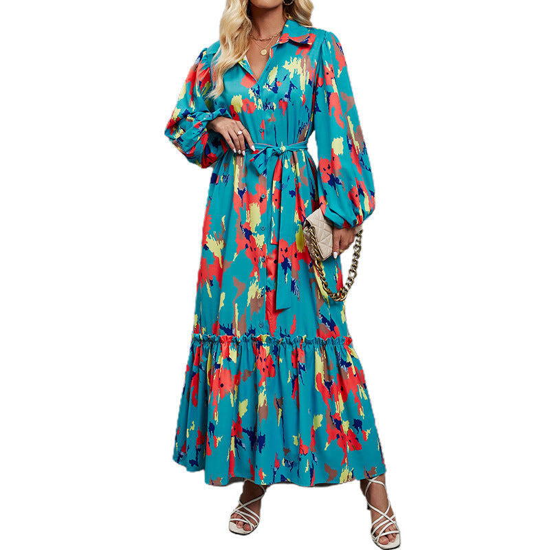 Damen elegantes Maxikleid mit hochgeschlossenem Kragen und farbenfrohem Muster Sovae