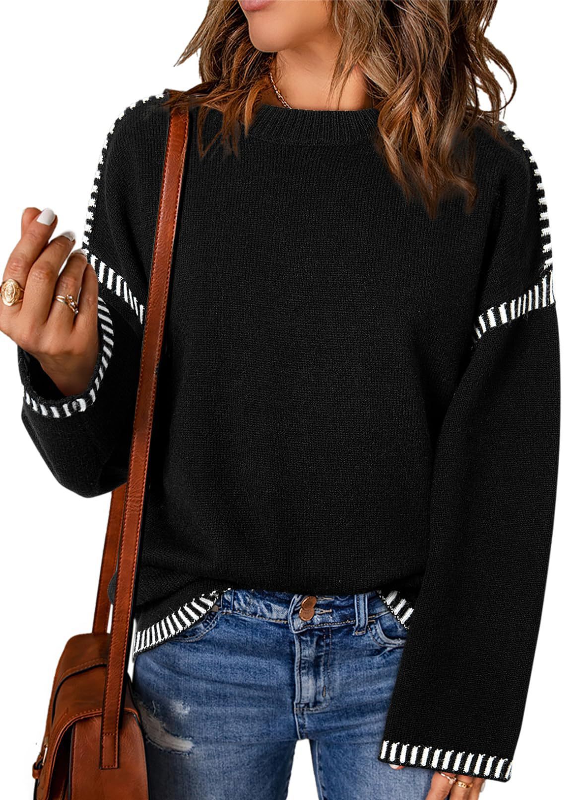 Damen lässiger Strickpullover mit kontrastierenden Bündchen und lässigem Schnitt Sovae