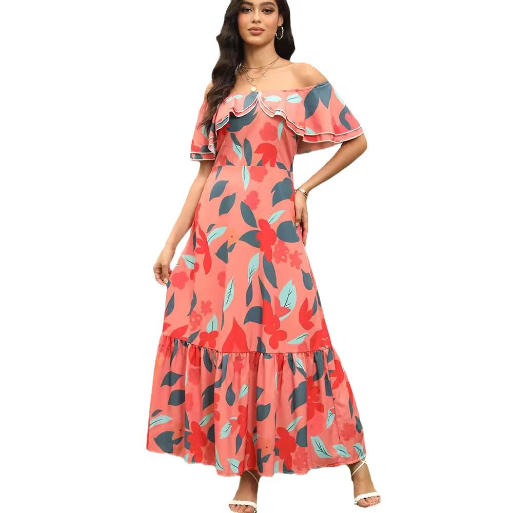 Damen Off-Shoulder Maxikleid mit Rüschensaum Sovae