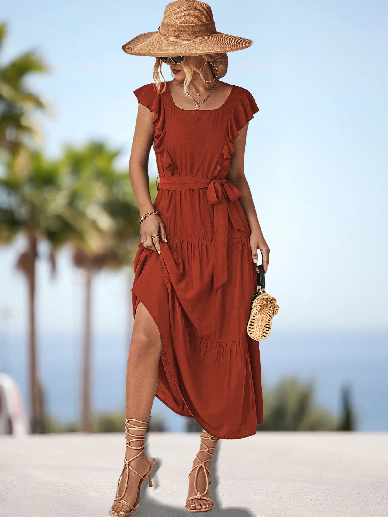 Damen Maxikleid mit Rüschendetails und tailliertem Gürtel Sovae