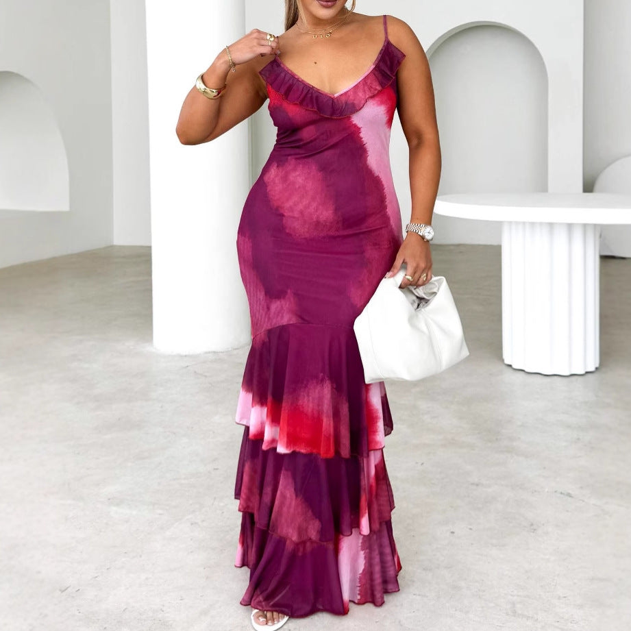 Damen Maxikleid mit elegantem Rüschensaum und zartem Farbverlauf Sovae
