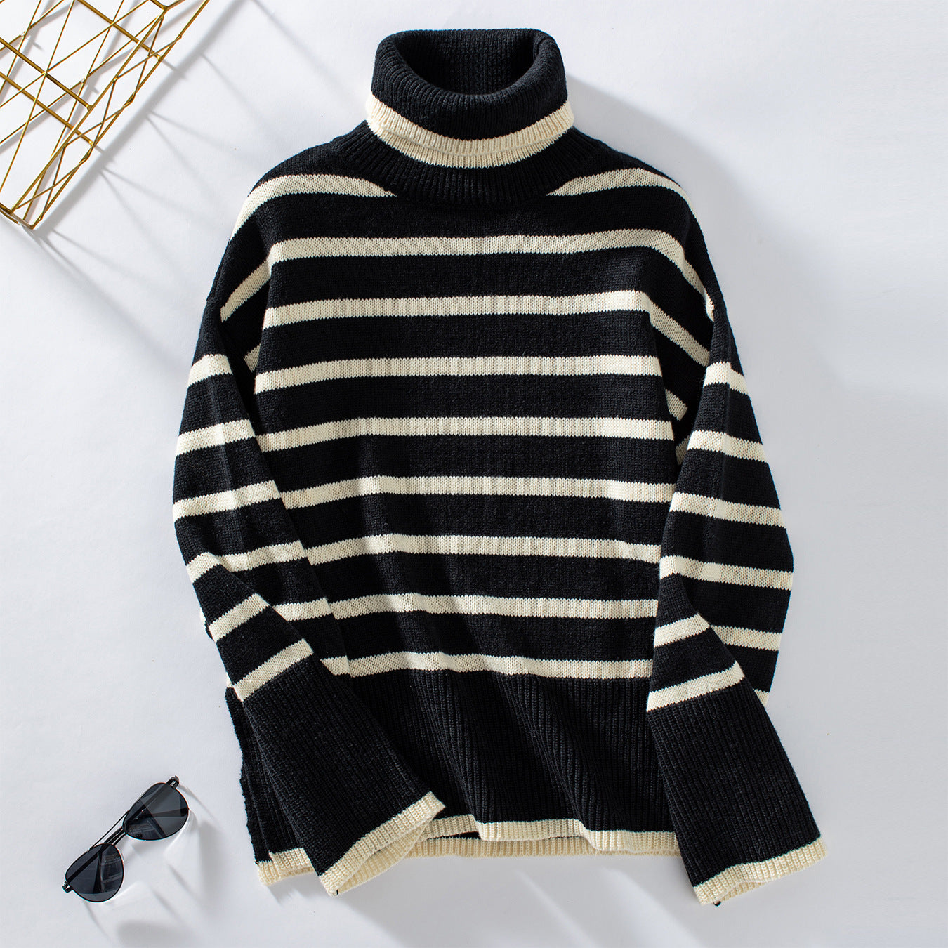 Damen modischer Rollkragenpullover mit breiten Streifen und lässigem Schnitt Sovae