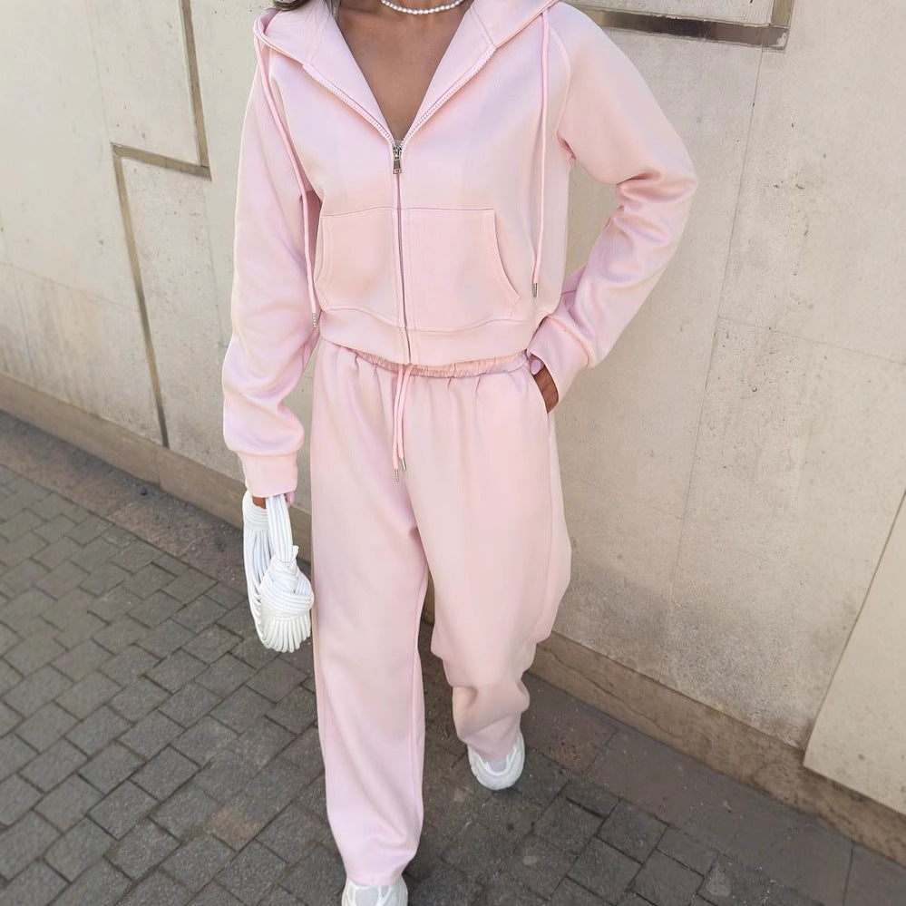 Damen Sportliches Freizeit-Set mit modischem Cropped Hoodie und weiter Hose Sovae