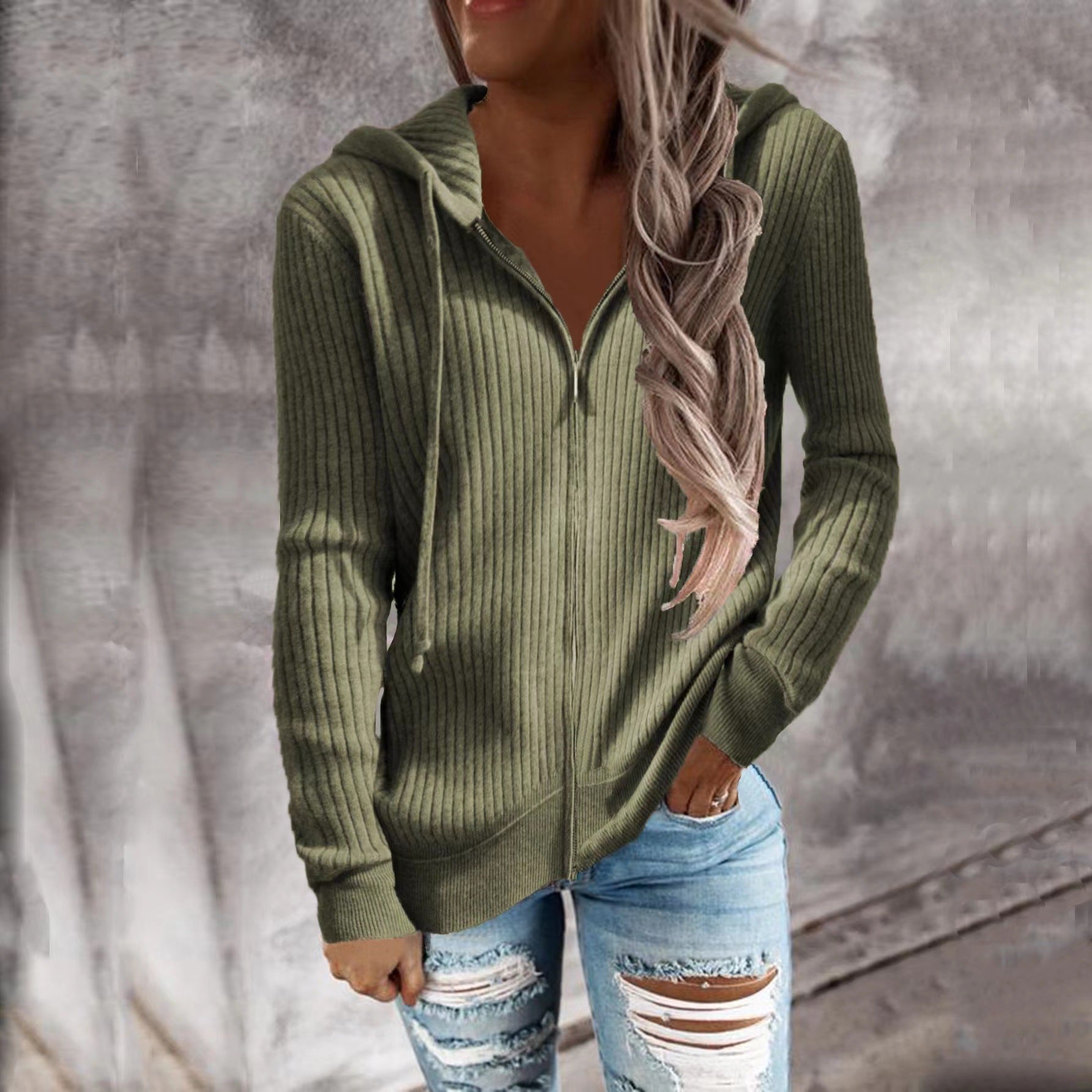 Damen lässige Strickjacke mit Kapuze und Rippenstruktur Sovae