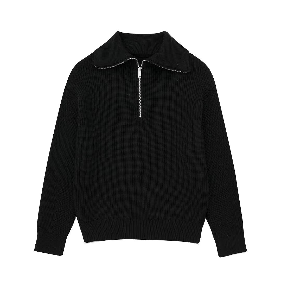 Damen modischer Strickpullover mit halbem Reißverschluss und Streifenmuster Sovae
