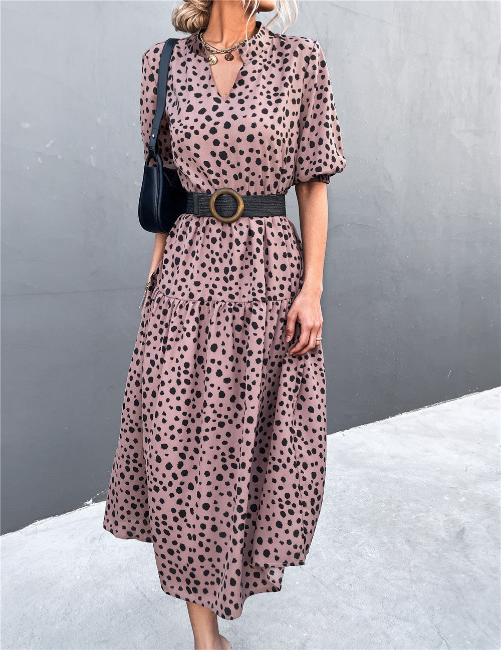 Damen Midikleid mit auffälligem Punktdesign und elastischem Taillengürtel Sovae