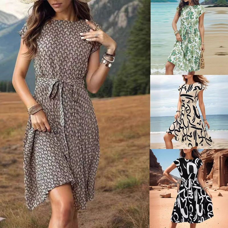 Damen Elegantes Midi Kleid mit Bindegürtel Sovae