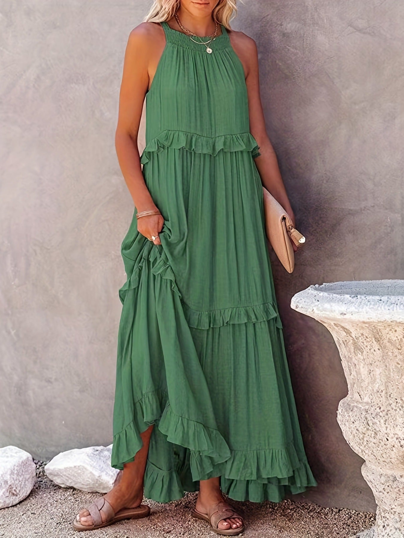 Damen Maxikleid mit verspieltem Rüschen-Design und tiefem Ausschnitt Sovae