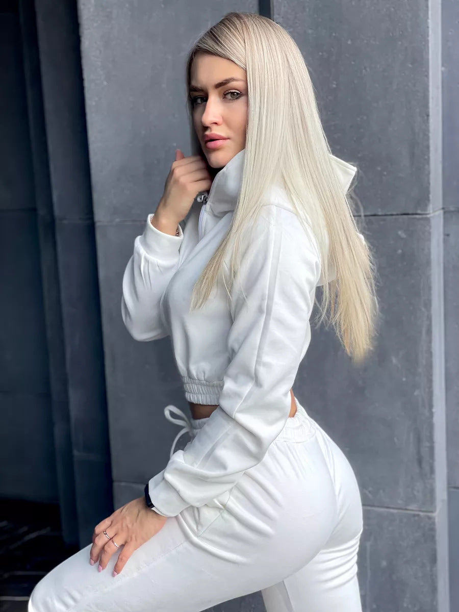 Damen Sportliches Fleece-Cropped-Set mit Kapuze und elastischem Bund Sovae