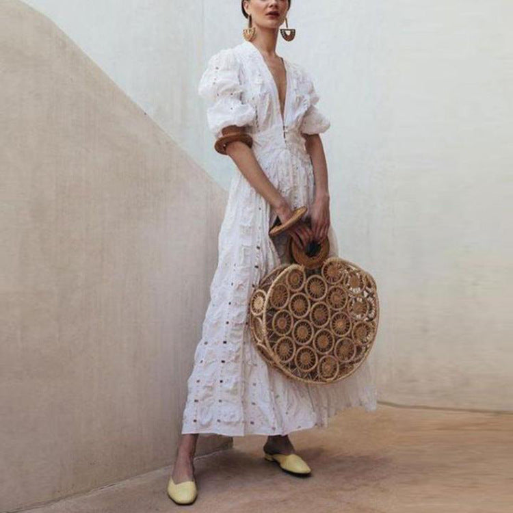 Damen Elegantes Maxikleid mit Puffärmeln und filigranem Design Sovae