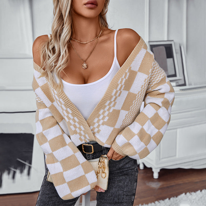 Damen lässige Strickjacke im modischen Karomuster Sovae