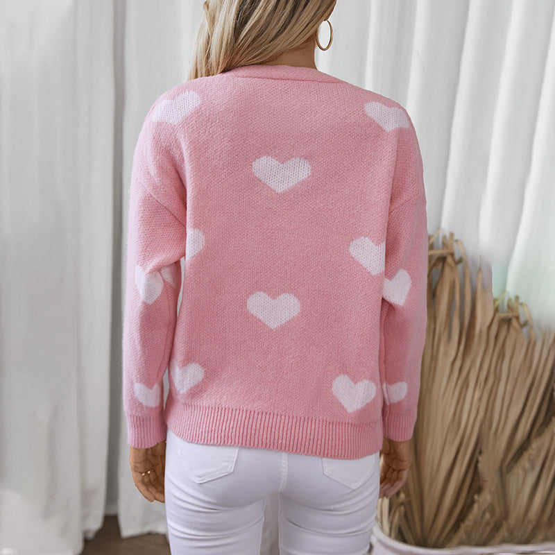 Damen modische Strickjacke mit Herzmotiven und Knöpfen Sovae