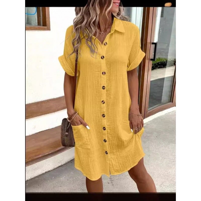 Damen Baumwoll-Kleid mit Knopfleiste und Taschen Sovae
