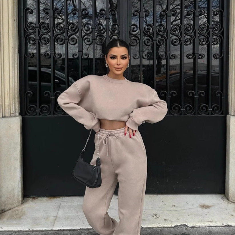 Damen elegantes und lässiges Zweiteiler-Set mit bequemem Cropped-Sweatshirt und weiten Jogginghosen Sovae