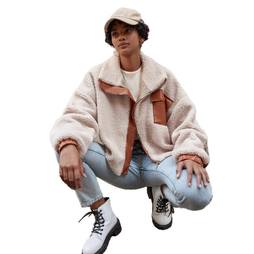 Damen kuschelige Fleecejacke mit elegantem Lederbesatz Sovae