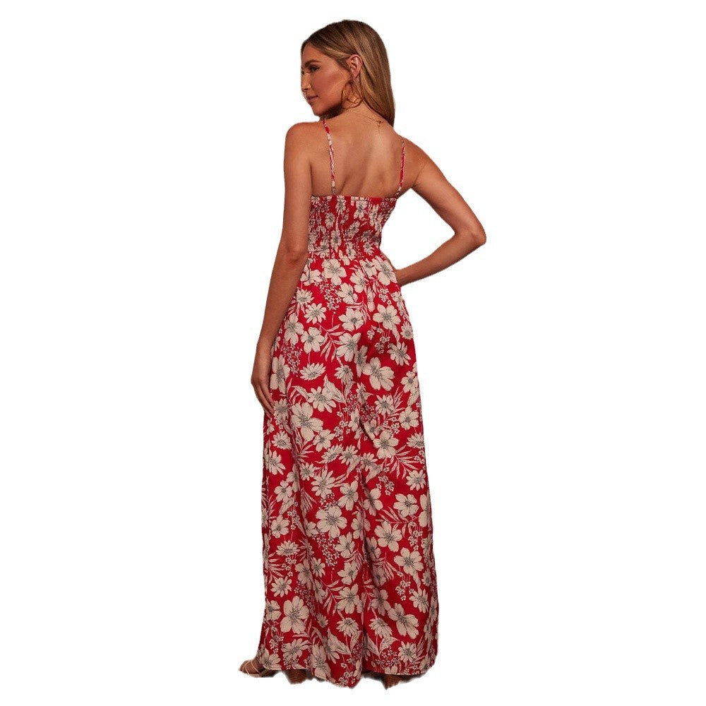 Damen luftiges Maxikleid mit elastischem Taillengürtel und feinem Blumenprint Sovae