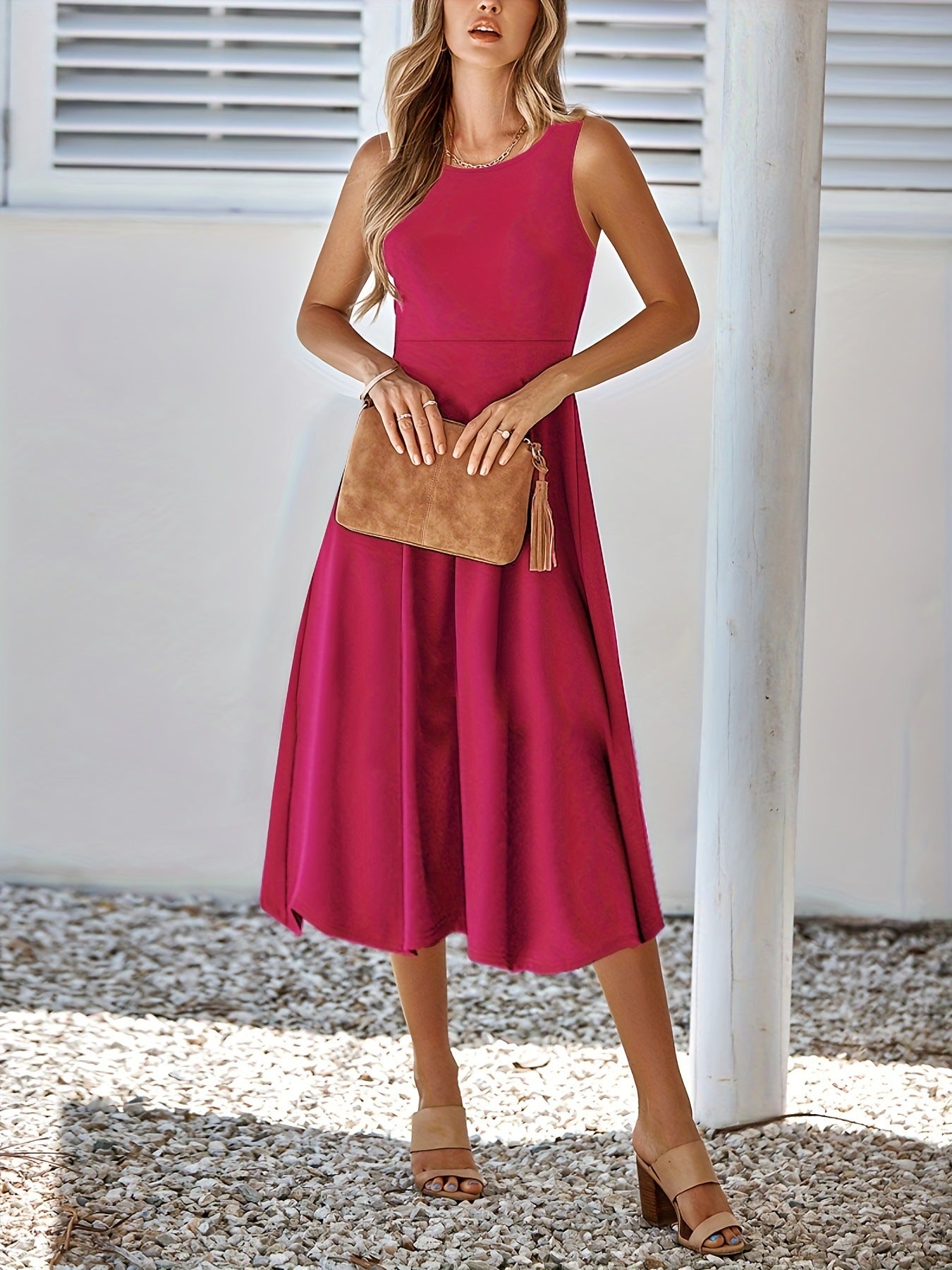 Damen klassisches Midikleid mit A-Linie und elegantem Rundhalsausschnitt Sovae