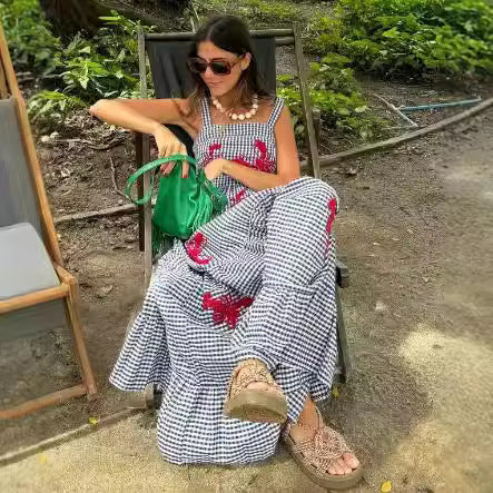 Damen luftiges Maxikleid mit Streifenmuster und floralen Stickereien Sovae