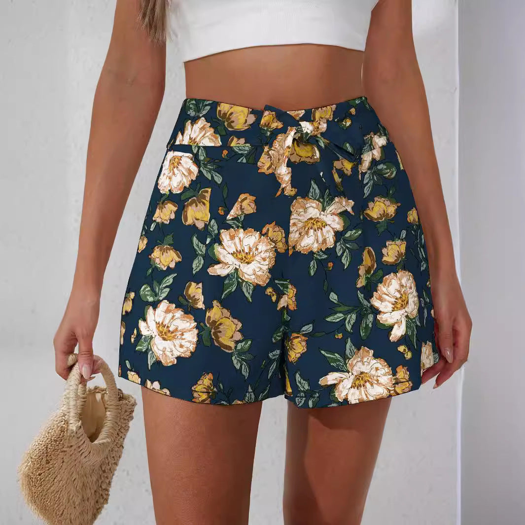 Damen Blumenmuster Shorts mit Taillenschnalle Sovae