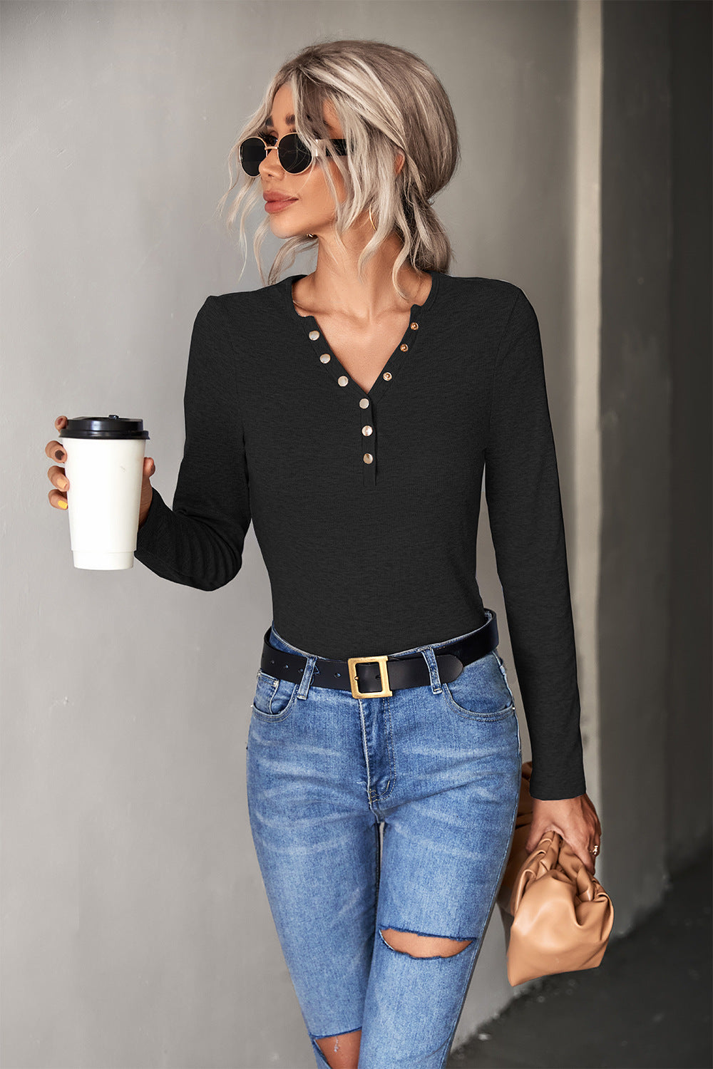 Damen Langarmshirt mit modischer Knopfleiste Sovae