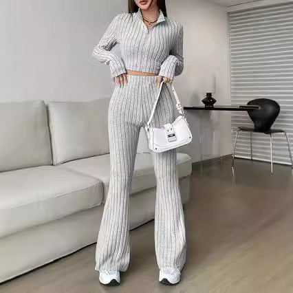 Damen Strick-Loungewear-Set mit cropped Oberteil und weit geschnittenen Hosen Sovae