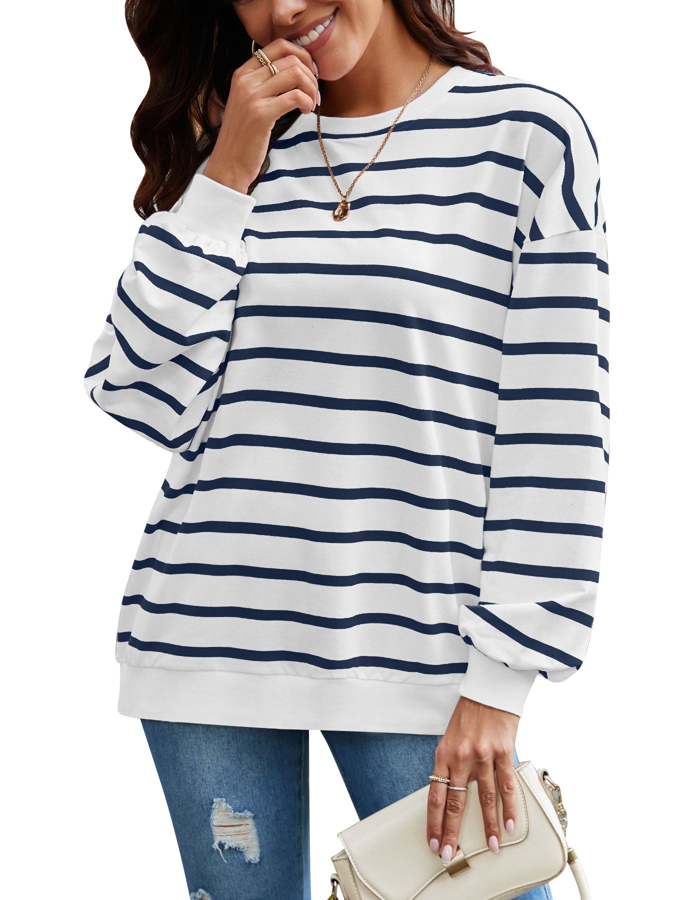 Damen gestreifter Pullover mit weitem Schnitt Sovae