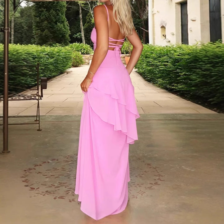 Damen Elegantes Maxikleid mit asymmetrischem Rüschensaum und spaghetti Trägern Sovae