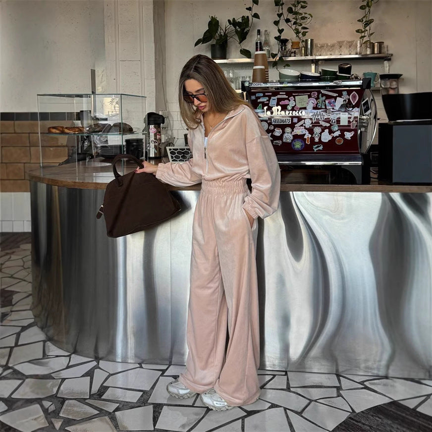 Damen luxuriöser Velours-Jumpsuit mit hohem Kragen Sovae