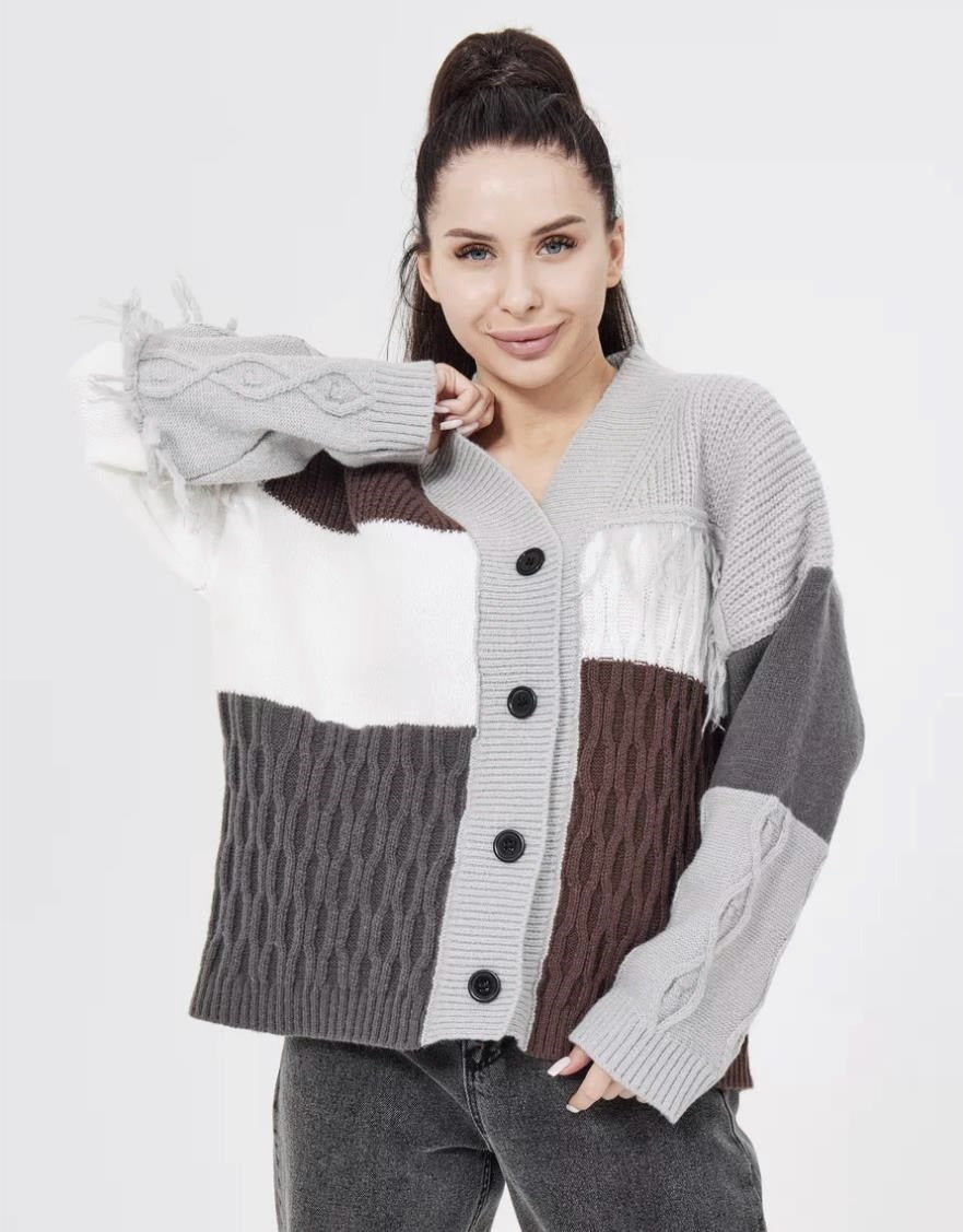 Damen Strickjacke mit modischem Blockstreifenmuster und klassischem Knopfverschluss Sovae