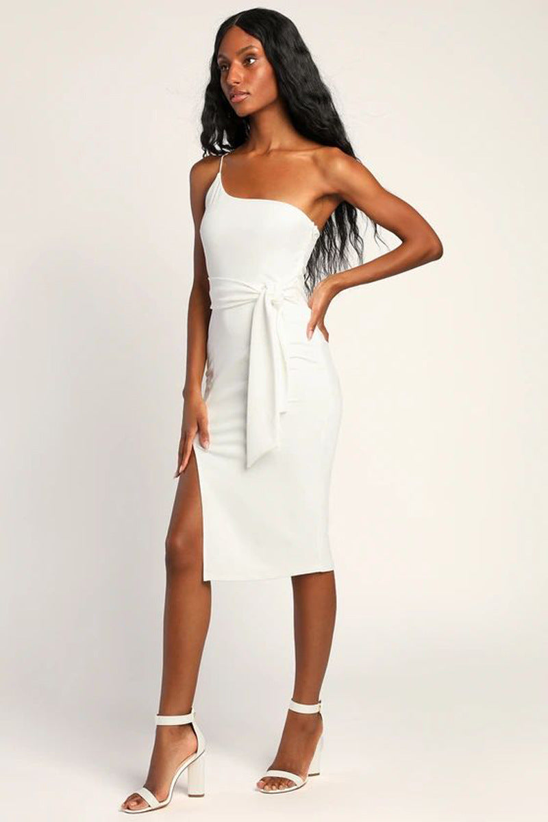 Damen figurbetontes Midi-Kleid mit asymmetrischem Schnitt und Taillengürtel Sovae