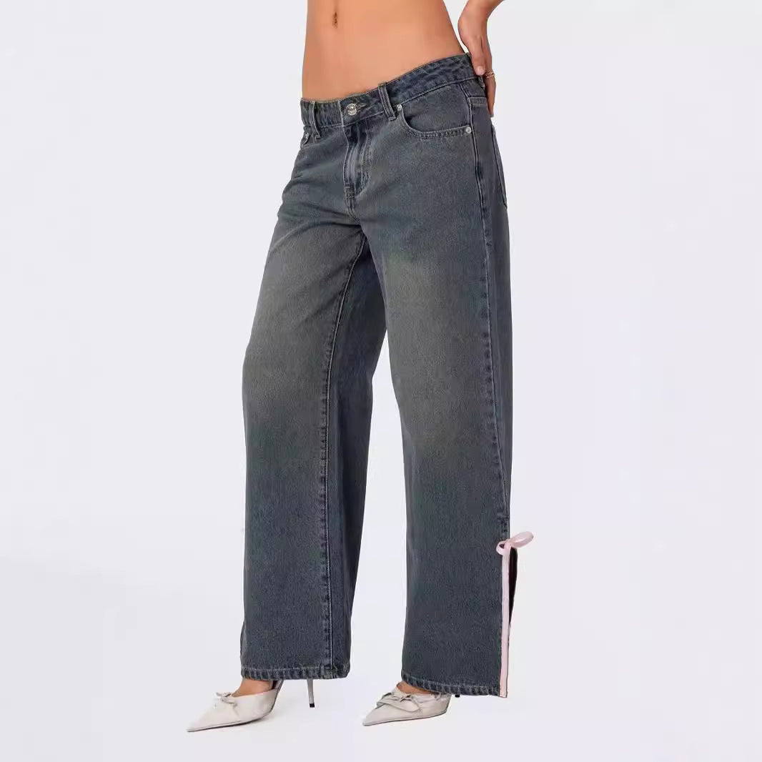 Damen Weit geschnittene Denim-Hose mit modischen Schnürdetails Sovae