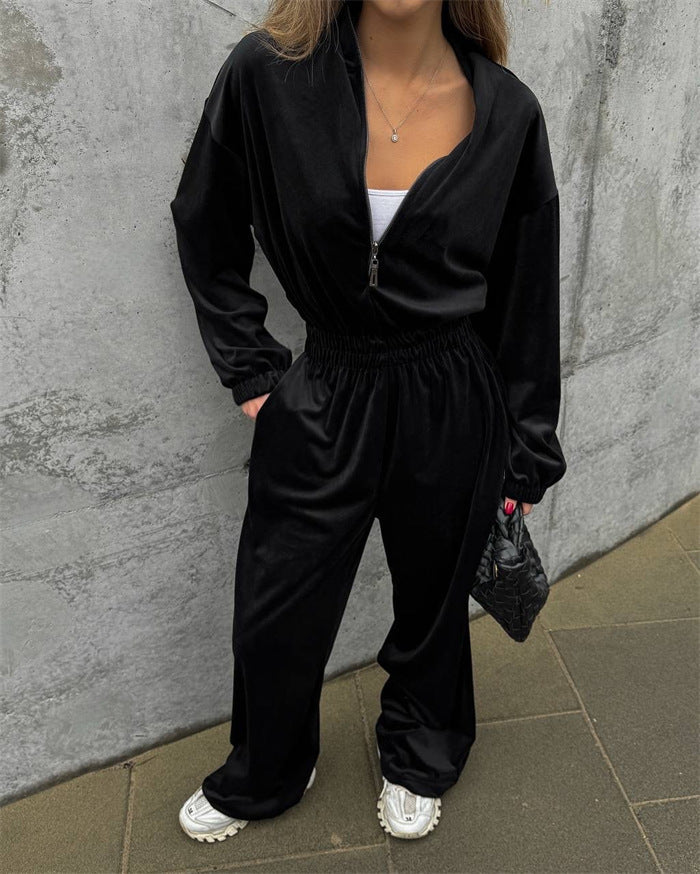 Damen luxuriöser Velours-Jumpsuit mit hohem Kragen Sovae