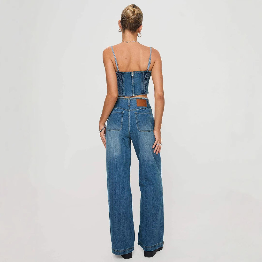 Damen Weit geschnittene High-Waist Jeans mit Fransen Sovae