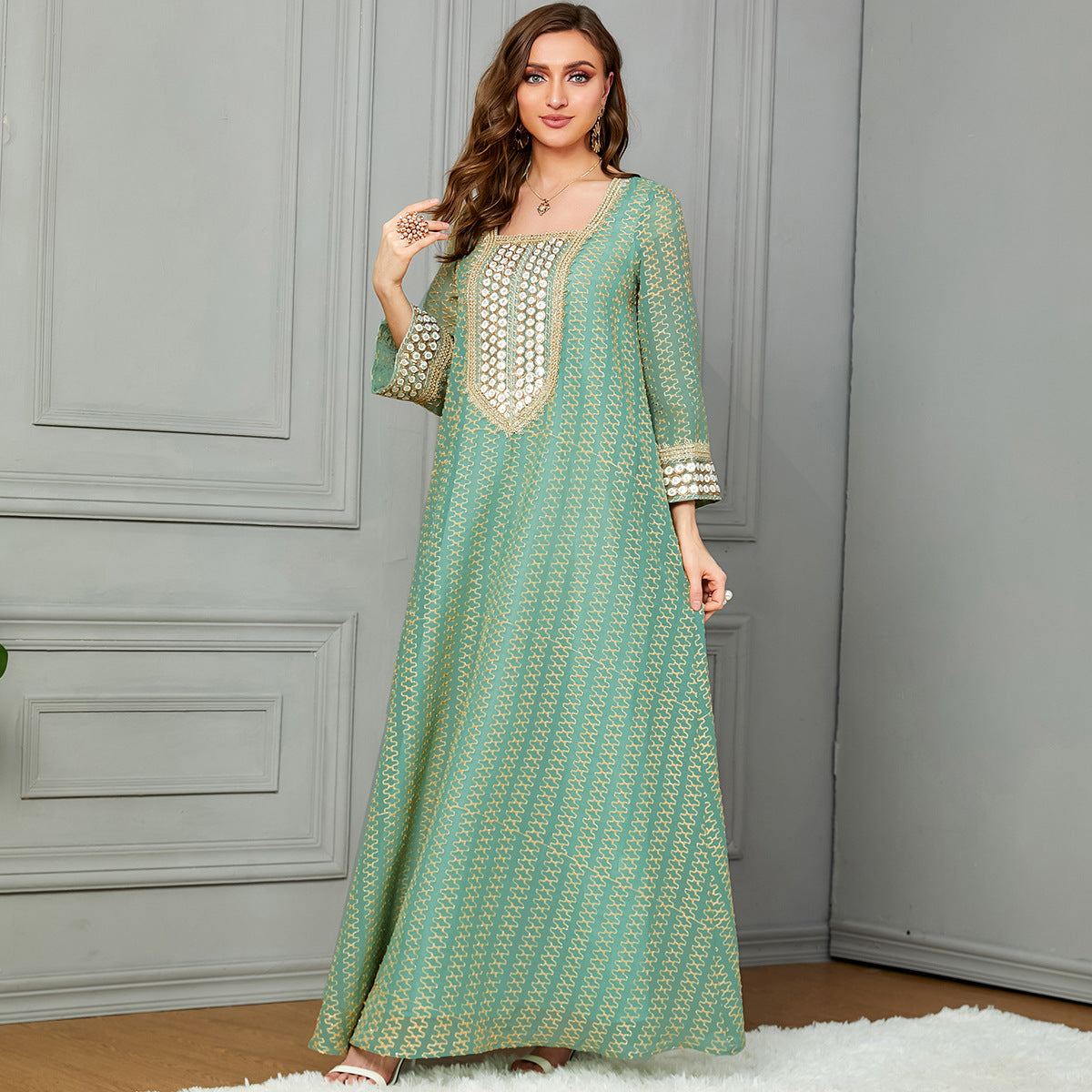 Damen Lange Kaftan-Robe mit kunstvollen Verzierungen Sovae