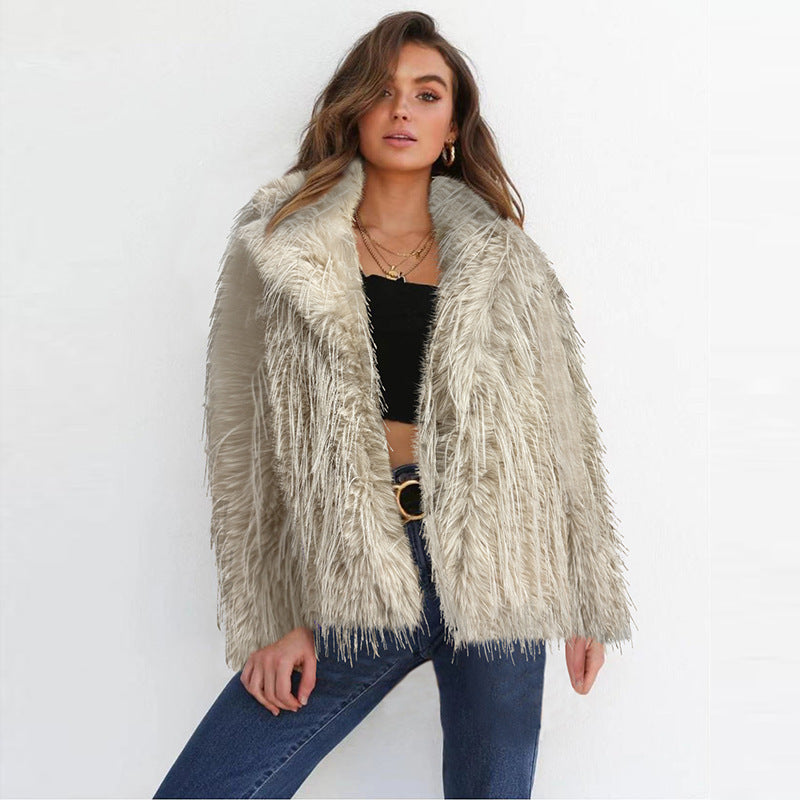Damen Eleganter Kunstfellblazer mit breitem Kragen Sovae