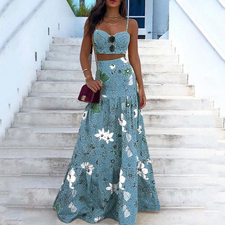 Damen Maxikleid mit floralem Oberteil und schwingendem Rock Sovae