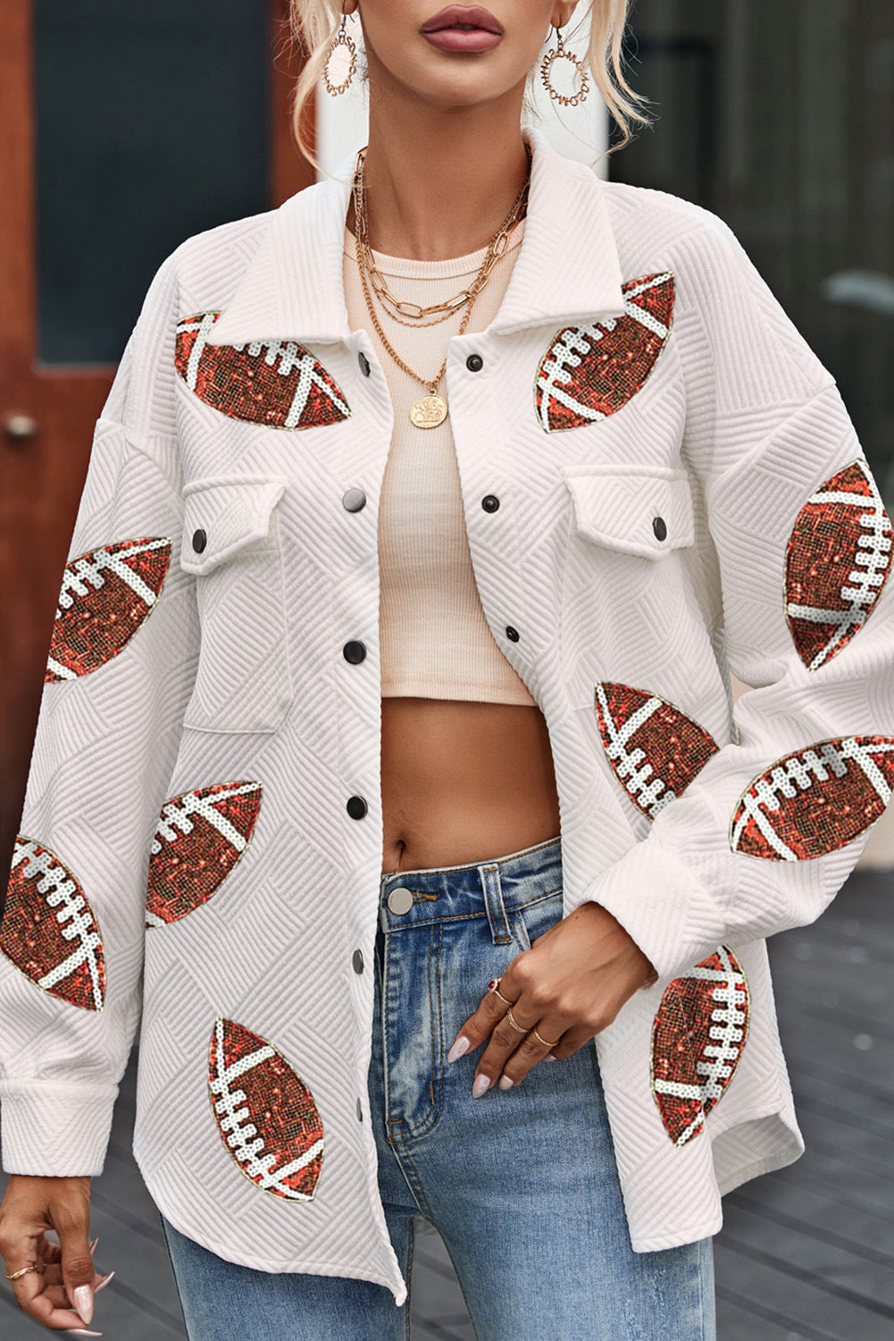 Damen Oversized Jacke mit Football-Design und praktischen Taschen Sovae