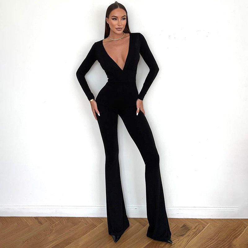 Damen Eleganter Figurbetonter Jumpsuit mit tiefem V-Ausschnitt Sovae