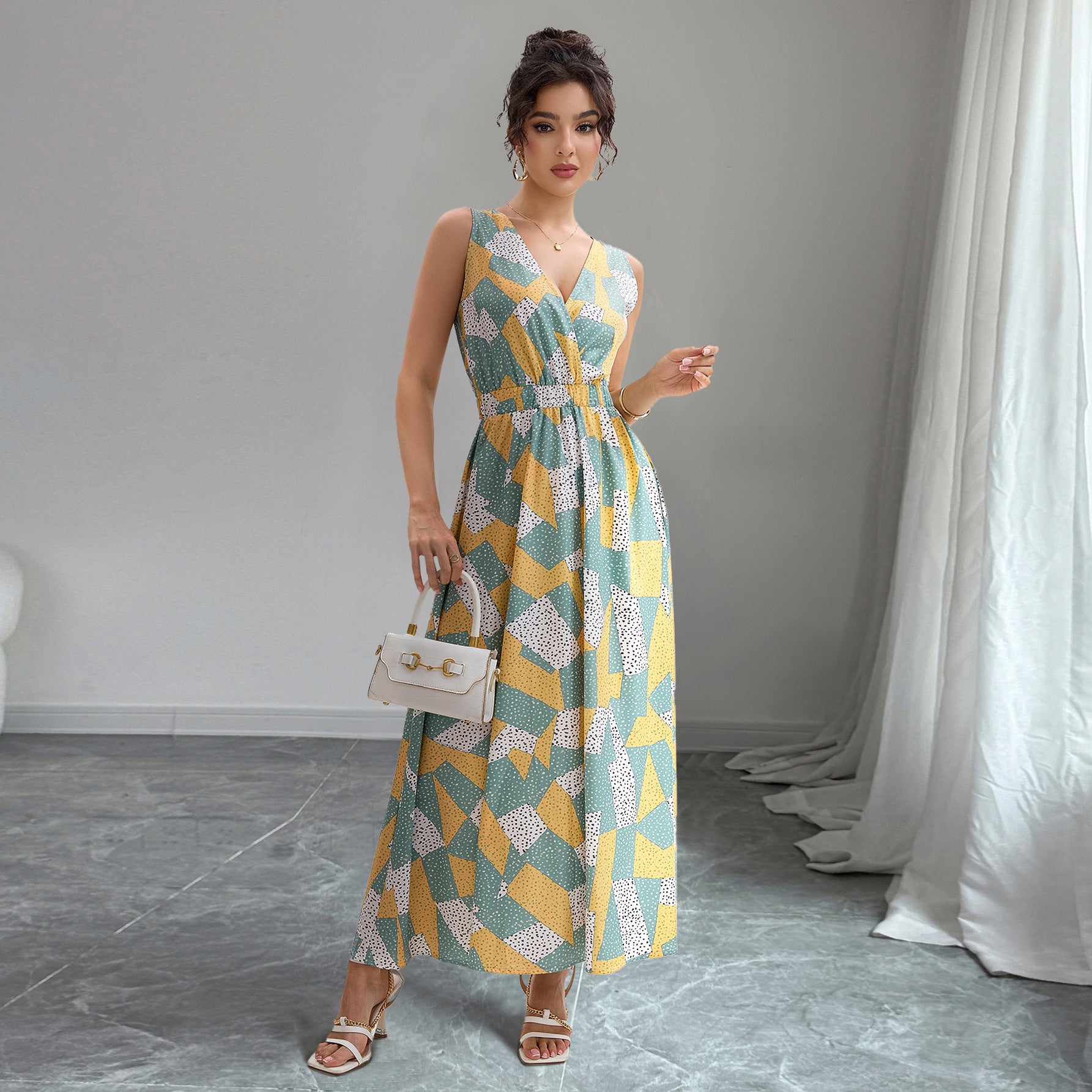 Damen Maxikleid mit modischem geometrischen Muster Sovae