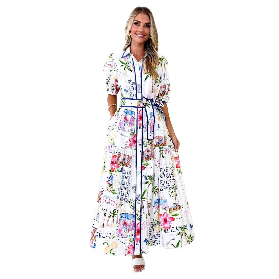 Damen Maxi-Kleid mit fröhlichem Blumen- und Postkarten-Design Sovae