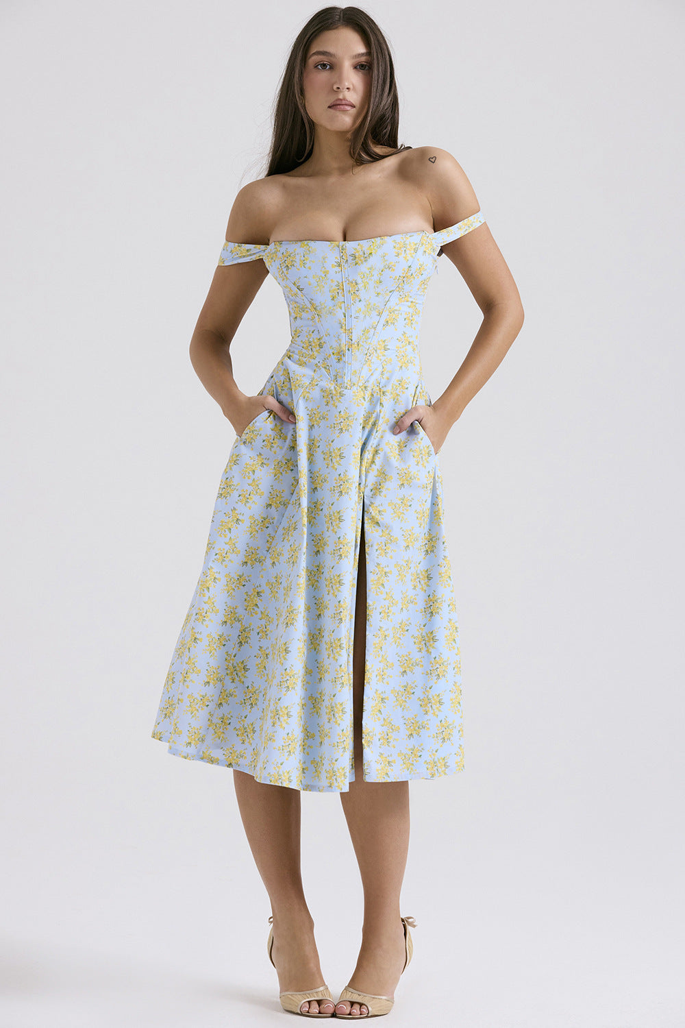 Damen schulterfreies Midikleid mit floralem Design und Eingrifftaschen Sovae