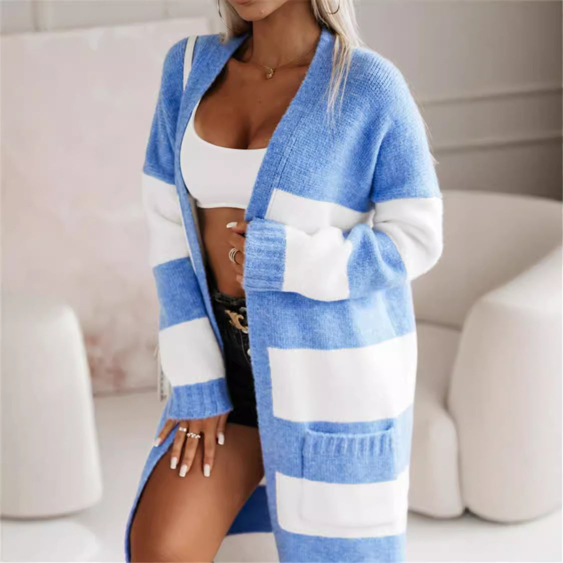 Damen lässiger Strickmantel mit großen Streifen Sovae