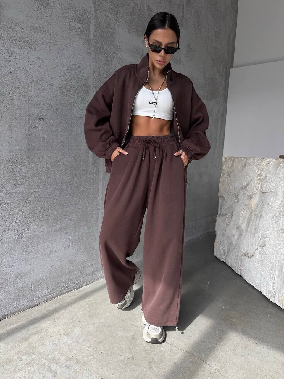 Damen Oversized lässiger Sportanzug mit Reißverschluss und elastischer Taille Sovae