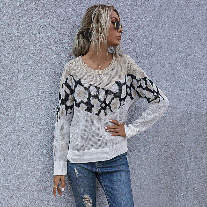 Damen Strickpullover mit modernem grafischen Muster und lässigem Schnitt Sovae