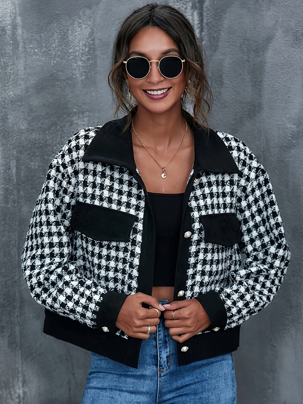 Damen gestepptes Karomuster-Jacke mit stylischen Detail Sovae