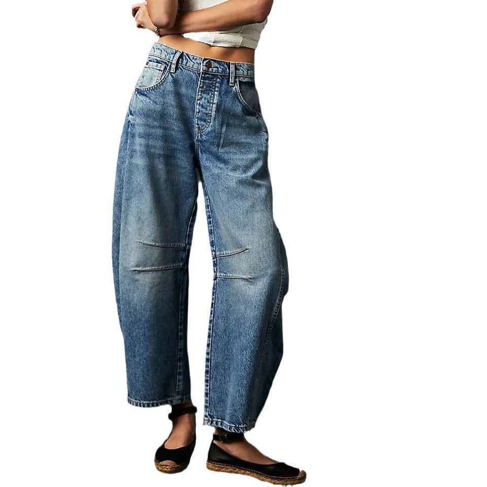 Damen Weit geschnittene Denim-Hose mit kreativen Nähdetails Sovae