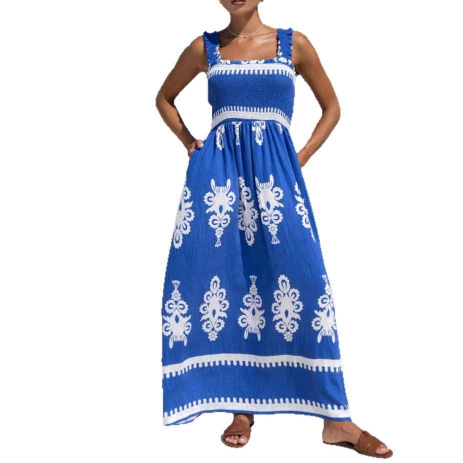 Damen Boho-Maxikleid mit aufwendigem Musterdruck und verstellbaren Trägern Sovae