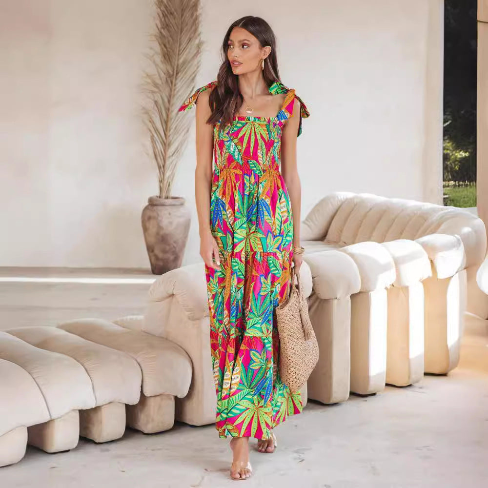 Damen Maxi-Kleid mit floralen Mustern und Trägerdetails Sovae