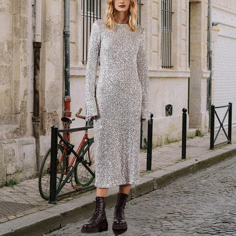 Damen Funkelndes Maxikleid mit langen Ärmeln und glitzerndem Obermaterial Sovae