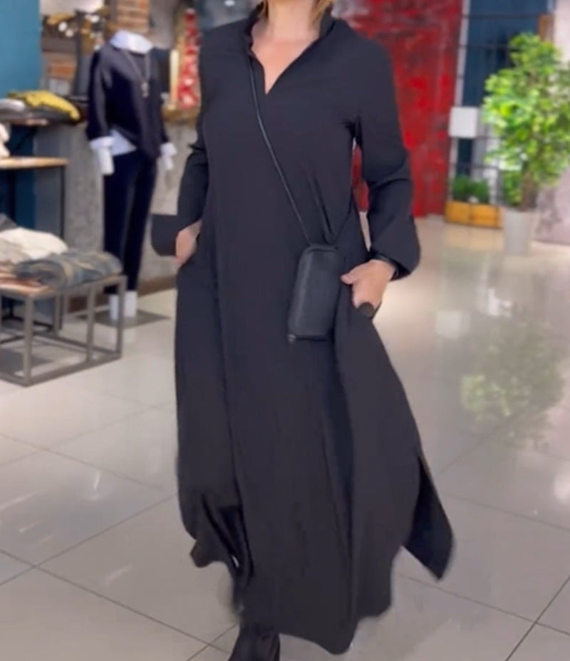 Damen lässiges Midi-Kleid mit praktischen Taschen und hoher Kragen Sovae
